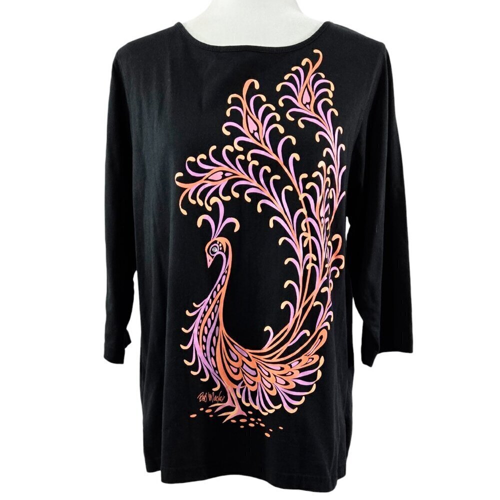 Bob Mackie Wearable Art Black Peacock Top 100% Cotton Unique Artsy